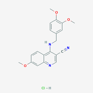 molecular formula C20H20ClN3O3 B2478858 4-((3,4-Dimethoxybenzyl)amino)-7-methoxyquinoline-3-carbonitrile hydrochloride CAS No. 1331239-69-0