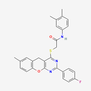 molecular formula C28H24FN3O2S B2478869 N-(3,4-dimethylphenyl)-2-((2-(4-fluorophenyl)-7-methyl-5H-chromeno[2,3-d]pyrimidin-4-yl)thio)acetamide CAS No. 866729-84-2