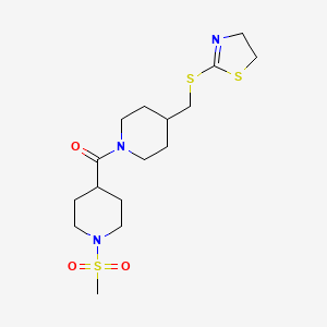 molecular formula C16H27N3O3S3 B2478898 (4-(((4,5-二氢噻唑-2-基)硫代)甲基)哌啶-1-基)(1-(甲磺酰基)哌啶-4-基)甲苯酮 CAS No. 1396844-88-4