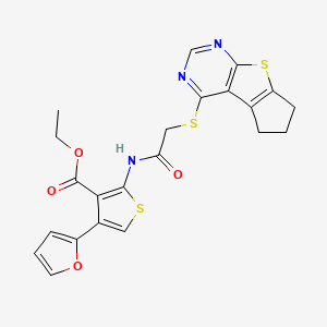 molecular formula C22H19N3O4S3 B2478903 ethyl 2-(2-((6,7-dihydro-5H-cyclopenta[4,5]thieno[2,3-d]pyrimidin-4-yl)thio)acetamido)-4-(furan-2-yl)thiophene-3-carboxylate CAS No. 345615-49-8