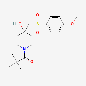 molecular formula C18H27NO5S B2478928 1-(4-Hydroxy-4-{[(4-methoxyphenyl)sulfonyl]methyl}piperidino)-2,2-dimethyl-1-propanone CAS No. 865659-45-6