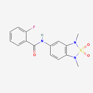 molecular formula C15H14FN3O3S B2478991 N-(1,3-dimethyl-2,2-dioxido-1,3-dihydrobenzo[c][1,2,5]thiadiazol-5-yl)-2-fluorobenzamide CAS No. 2034586-49-5