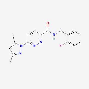 molecular formula C17H16FN5O B2479035 6-(3,5-二甲基-1H-吡唑-1-基)-N-(2-氟苄基)吡啶二氮杂-3-甲酰胺 CAS No. 1351609-26-1