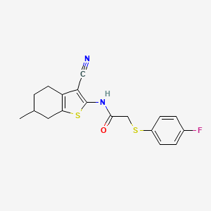 molecular formula C18H17FN2OS2 B2479069 N-(3-cyano-6-methyl-4,5,6,7-tetrahydrobenzo[b]thiophen-2-yl)-2-((4-fluorophenyl)thio)acetamide CAS No. 896344-44-8
