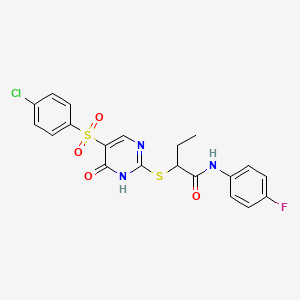 molecular formula C20H17ClFN3O4S2 B2479097 2-((5-((4-chlorophenyl)sulfonyl)-6-oxo-1,6-dihydropyrimidin-2-yl)thio)-N-(4-fluorophenyl)butanamide CAS No. 904578-04-7