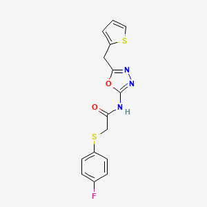 molecular formula C15H12FN3O2S2 B2479100 2-((4-氟苯基)硫代)-N-(5-(噻吩-2-基甲基)-1,3,4-恶二唑-2-基)乙酰胺 CAS No. 1021083-06-6