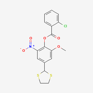 molecular formula C17H14ClNO5S2 B2479254 4-(1,3-二硫杂环戊烷-2-基)-2-甲氧基-6-硝基苯基 2-氯苯甲酸酯 CAS No. 298215-45-9