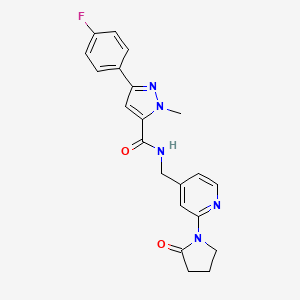 molecular formula C21H20FN5O2 B2479263 3-(4-fluorophenyl)-1-methyl-N-((2-(2-oxopyrrolidin-1-yl)pyridin-4-yl)methyl)-1H-pyrazole-5-carboxamide CAS No. 2034339-22-3