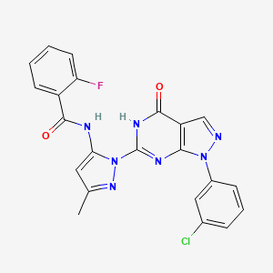 molecular formula C22H15ClFN7O2 B2479300 N-(1-(1-(3-chlorophenyl)-4-oxo-4,5-dihydro-1H-pyrazolo[3,4-d]pyrimidin-6-yl)-3-methyl-1H-pyrazol-5-yl)-2-fluorobenzamide CAS No. 1171721-94-0
