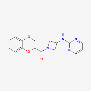 molecular formula C16H16N4O3 B2479358 (2,3-Dihydrobenzo[b][1,4]dioxin-2-yl)(3-(pyrimidin-2-ylamino)azetidin-1-yl)methanone CAS No. 2177060-83-0