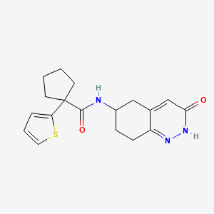 molecular formula C18H21N3O2S B2479380 N-(3-oxo-2,3,5,6,7,8-hexahydrocinnolin-6-yl)-1-(thiophen-2-yl)cyclopentanecarboxamide CAS No. 1903245-96-4