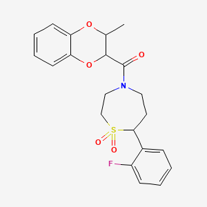 molecular formula C21H22FNO5S B2479381 (7-(2-Fluorophenyl)-1,1-dioxido-1,4-thiazepan-4-yl)(3-methyl-2,3-dihydrobenzo[b][1,4]dioxin-2-yl)methanone CAS No. 2034529-11-6