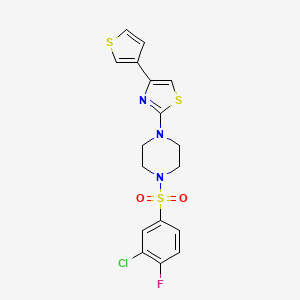 molecular formula C17H15ClFN3O2S3 B2479382 2-(4-((3-Chloro-4-fluorophenyl)sulfonyl)piperazin-1-yl)-4-(thiophen-3-yl)thiazole CAS No. 1448125-21-0