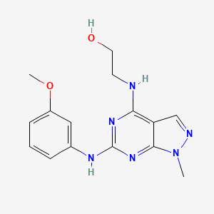 molecular formula C15H18N6O2 B2479390 2-((6-((3-methoxyphenyl)amino)-1-methyl-1H-pyrazolo[3,4-d]pyrimidin-4-yl)amino)ethanol CAS No. 897619-32-8