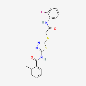 molecular formula C18H15FN4O2S2 B2479441 N-(5-((2-((2-fluorophenyl)amino)-2-oxoethyl)thio)-1,3,4-thiadiazol-2-yl)-2-methylbenzamide CAS No. 392298-11-2