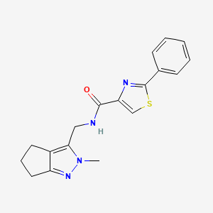 molecular formula C18H18N4OS B2479452 N-((2-methyl-2,4,5,6-tetrahydrocyclopenta[c]pyrazol-3-yl)methyl)-2-phenylthiazole-4-carboxamide CAS No. 2034551-96-5