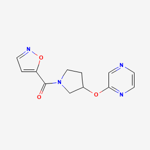 molecular formula C12H12N4O3 B2479477 Isoxazol-5-yl(3-(pyrazin-2-yloxy)pyrrolidin-1-yl)methanone CAS No. 2034582-37-9