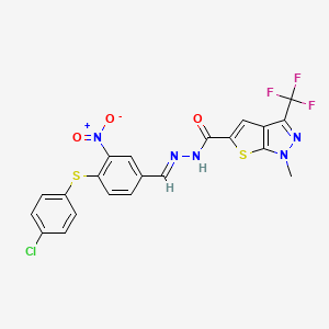 molecular formula C21H13ClF3N5O3S2 B2479484 N'-({4-[(4-氯苯基)硫烷基]-3-硝基苯基}亚甲基)-1-甲基-3-(三氟甲基)-1H-噻吩并[2,3-c]吡唑-5-碳酰肼 CAS No. 865659-85-4