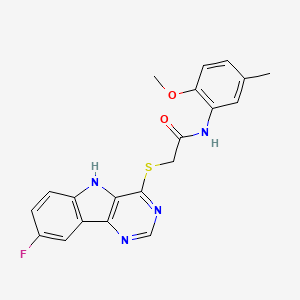molecular formula C20H17FN4O2S B2479501 2-((8-fluoro-5H-pyrimido[5,4-b]indol-4-yl)thio)-N-(2-methoxy-5-methylphenyl)acetamide CAS No. 1116030-24-0