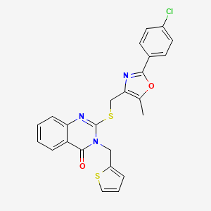 molecular formula C24H18ClN3O2S2 B2479503 2-(((2-(4-chlorophenyl)-5-methyloxazol-4-yl)methyl)thio)-3-(thiophen-2-ylmethyl)quinazolin-4(3H)-one CAS No. 1114827-81-4