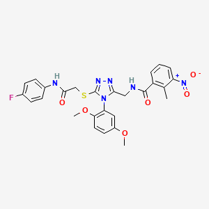 molecular formula C27H25FN6O6S B2479514 N-[[4-(2,5-dimethoxyphenyl)-5-[2-(4-fluoroanilino)-2-oxoethyl]sulfanyl-1,2,4-triazol-3-yl]methyl]-2-methyl-3-nitrobenzamide CAS No. 394226-43-8