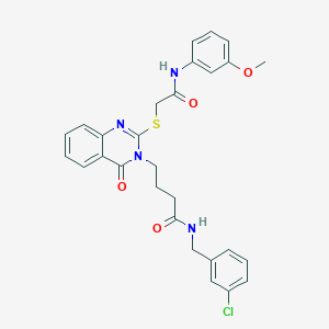molecular formula C28H27ClN4O4S B2479566 N-[(3-chlorophenyl)methyl]-4-[2-[2-(3-methoxyanilino)-2-oxoethyl]sulfanyl-4-oxoquinazolin-3-yl]butanamide CAS No. 451464-87-2