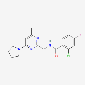 molecular formula C17H18ClFN4O B2479600 2-chloro-4-fluoro-N-((4-methyl-6-(pyrrolidin-1-yl)pyrimidin-2-yl)methyl)benzamide CAS No. 1797291-72-5