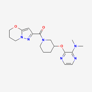 molecular formula C18H24N6O3 B2479627 (6,7-dihydro-5H-pyrazolo[5,1-b][1,3]oxazin-2-yl)(3-((3-(dimethylamino)pyrazin-2-yl)oxy)piperidin-1-yl)methanone CAS No. 2034439-81-9