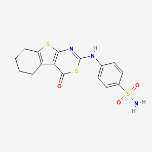 molecular formula C16H15N3O3S3 B2479633 4-[(4-Oxo-5,6,7,8-tetrahydro-[1]benzothiolo[2,3-d][1,3]thiazin-2-yl)amino]benzenesulfonamide CAS No. 638137-14-1