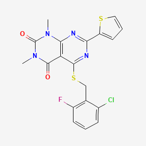 molecular formula C19H14ClFN4O2S2 B2479683 5-((2-chloro-6-fluorobenzyl)thio)-1,3-dimethyl-7-(thiophen-2-yl)pyrimido[4,5-d]pyrimidine-2,4(1H,3H)-dione CAS No. 847192-15-8