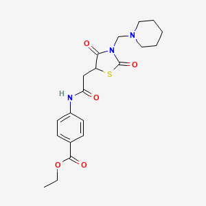 molecular formula C20H25N3O5S B2479693 Ethyl 4-(2-(2,4-dioxo-3-(piperidin-1-ylmethyl)thiazolidin-5-yl)acetamido)benzoate CAS No. 425646-01-1
