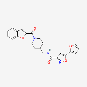 molecular formula C23H21N3O5 B2479719 N-((1-(benzofuran-2-carbonyl)piperidin-4-yl)methyl)-5-(furan-2-yl)isoxazole-3-carboxamide CAS No. 1235280-60-0