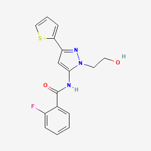 molecular formula C16H14FN3O2S B2479728 2-fluoro-N-(1-(2-hydroxyethyl)-3-(thiophen-2-yl)-1H-pyrazol-5-yl)benzamide CAS No. 1219913-39-9