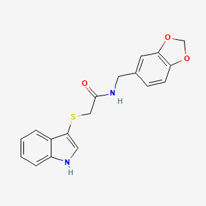 molecular formula C18H16N2O3S B2479732 2-((1H-インドール-3-イル)チオ)-N-(ベンゾ[d][1,3]ジオキソール-5-イルメチル)アセトアミド CAS No. 862825-91-0