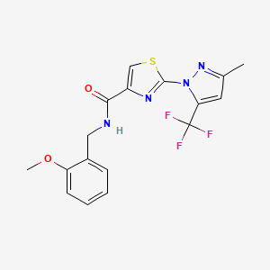molecular formula C17H15F3N4O2S B2479777 N-(2-methoxybenzyl)-2-[3-methyl-5-(trifluoromethyl)-1H-pyrazol-1-yl]-1,3-thiazole-4-carboxamide CAS No. 955976-77-9
