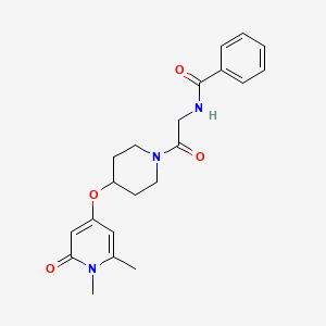 molecular formula C21H25N3O4 B2479960 N-(2-(4-((1,6-dimethyl-2-oxo-1,2-dihydropyridin-4-yl)oxy)piperidin-1-yl)-2-oxoethyl)benzamide CAS No. 1903330-77-7