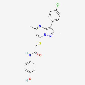 molecular formula C22H19ClN4O2S B2479990 2-{[3-(4-氯苯基)-2,5-二甲基吡唑并[1,5-a]嘧啶-7-基]硫代}-N-(4-羟基苯基)乙酰胺 CAS No. 862209-65-2