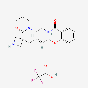 molecular formula C23H30F3N3O5 B2480018 (4E)-9-(2-甲基丙基)螺[2-氧杂-9,12-二氮杂双环[12.4.0]十八烷-1(18),4,14,16-四烯-7,3'-氮杂环丁烷]-8,13-二酮;2,2,2-三氟乙酸 CAS No. 2641565-83-3