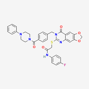 molecular formula C35H30FN5O5S B2480027 N-(4-fluorophenyl)-2-((8-oxo-7-(4-(4-phenylpiperazine-1-carbonyl)benzyl)-7,8-dihydro-[1,3]dioxolo[4,5-g]quinazolin-6-yl)thio)acetamide CAS No. 689760-18-7