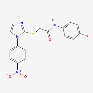 molecular formula C17H13FN4O3S B2480043 N-(4-氟苯基)-2-((1-(4-硝基苯基)-1H-咪唑-2-基)硫)乙酰胺 CAS No. 851079-39-5