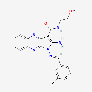 molecular formula C22H22N6O2 B2480153 (E)-2-amino-N-(2-methoxyethyl)-1-((3-methylbenzylidene)amino)-1H-pyrrolo[2,3-b]quinoxaline-3-carboxamide CAS No. 839699-61-5