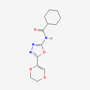 molecular formula C13H17N3O4 B2480176 N-(5-(5,6-dihydro-1,4-dioxin-2-yl)-1,3,4-oxadiazol-2-yl)cyclohexanecarboxamide CAS No. 851094-86-5