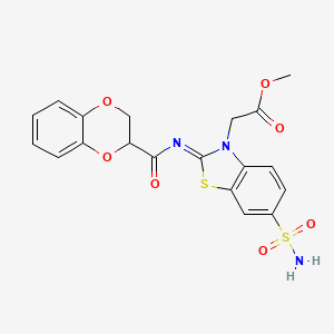 molecular formula C19H17N3O7S2 B2480255 (Z)-methyl 2-(2-((2,3-dihydrobenzo[b][1,4]dioxine-2-carbonyl)imino)-6-sulfamoylbenzo[d]thiazol-3(2H)-yl)acetate CAS No. 1164537-99-8