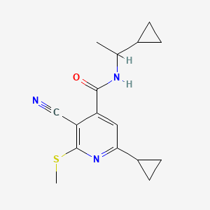molecular formula C16H19N3OS B2480318 3-cyano-6-cyclopropyl-N-(1-cyclopropylethyl)-2-(methylsulfanyl)pyridine-4-carboxamide CAS No. 1223744-03-3