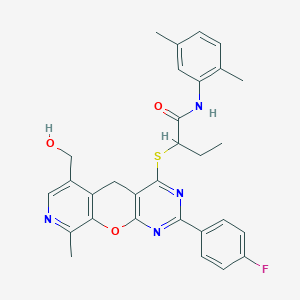 molecular formula C30H29FN4O3S B2480319 N-(2,5-dimethylphenyl)-2-{[5-(4-fluorophenyl)-11-(hydroxymethyl)-14-methyl-2-oxa-4,6,13-triazatricyclo[8.4.0.0^{3,8}]tetradeca-1(10),3(8),4,6,11,13-hexaen-7-yl]sulfanyl}butanamide CAS No. 892386-73-1
