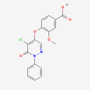 molecular formula C18H13ClN2O5 B2480397 4-[(5-Chloro-6-oxo-1-phenyl-1,6-dihydropyridazin-4-yl)oxy]-3-methoxybenzoic acid CAS No. 881463-44-1
