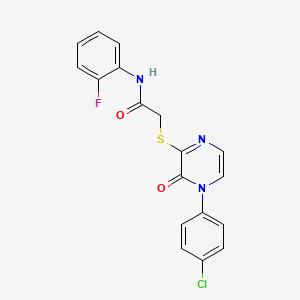 molecular formula C18H13ClFN3O2S B2480399 2-((4-(4-chlorophenyl)-3-oxo-3,4-dihydropyrazin-2-yl)thio)-N-(2-fluorophenyl)acetamide CAS No. 932489-48-0