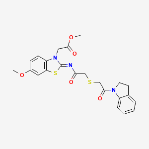 molecular formula C23H23N3O5S2 B2480404 (Z)-methyl 2-(2-((2-((2-(indolin-1-yl)-2-oxoethyl)thio)acetyl)imino)-6-methoxybenzo[d]thiazol-3(2H)-yl)acetate CAS No. 851717-00-5