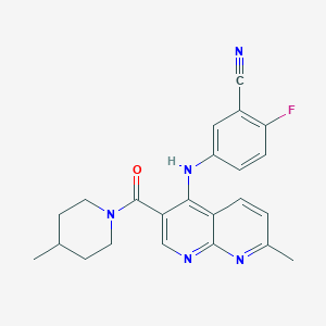 molecular formula C23H22FN5O B2480408 2-Fluoro-5-((7-methyl-3-(4-methylpiperidine-1-carbonyl)-1,8-naphthyridin-4-yl)amino)benzonitrile CAS No. 1251677-91-4