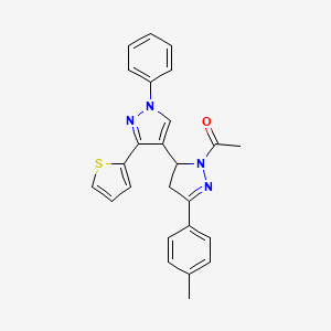 molecular formula C25H22N4OS B2480413 1-[5-(4-metilfenil)-1'-fenil-3'-(tiofen-2-il)-3,4-dihidro-1'H,2H-[3,4'-bipirazol]-2-il]etan-1-ona CAS No. 876941-30-9